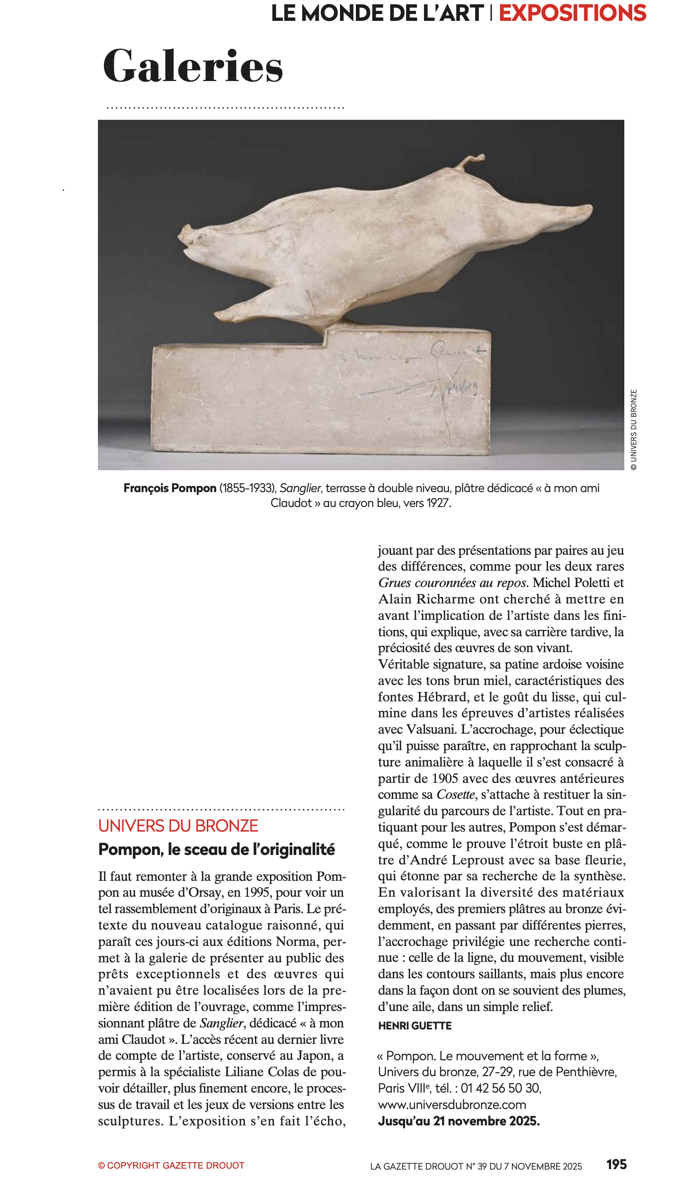 "POMPON, le sceau de l'originalité" by Henri Guette for Gazette Drouot