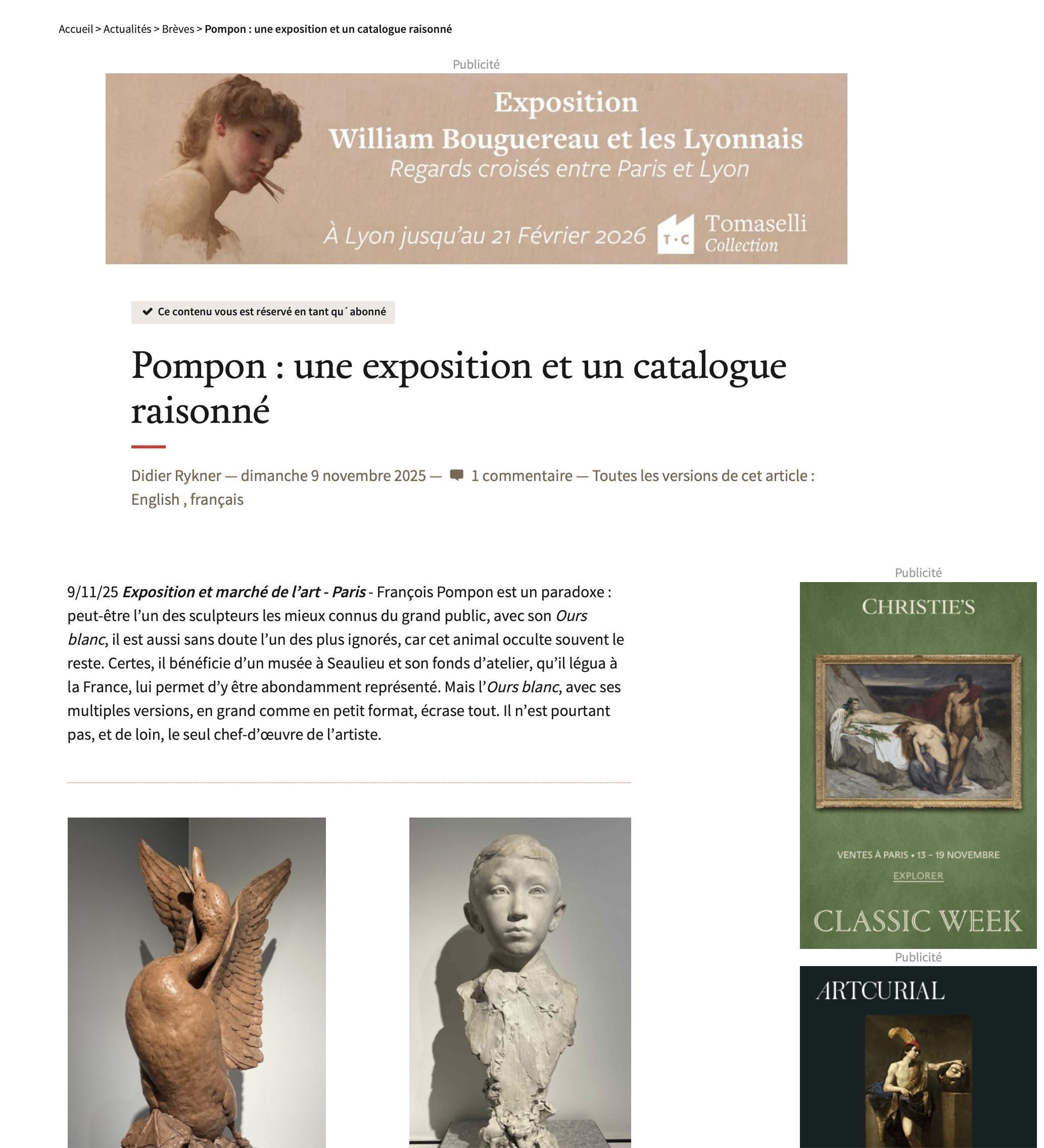 "POMPON : une exposition et un catalogue raisonné" by Didier Rykner for La Tribune de l'Art 