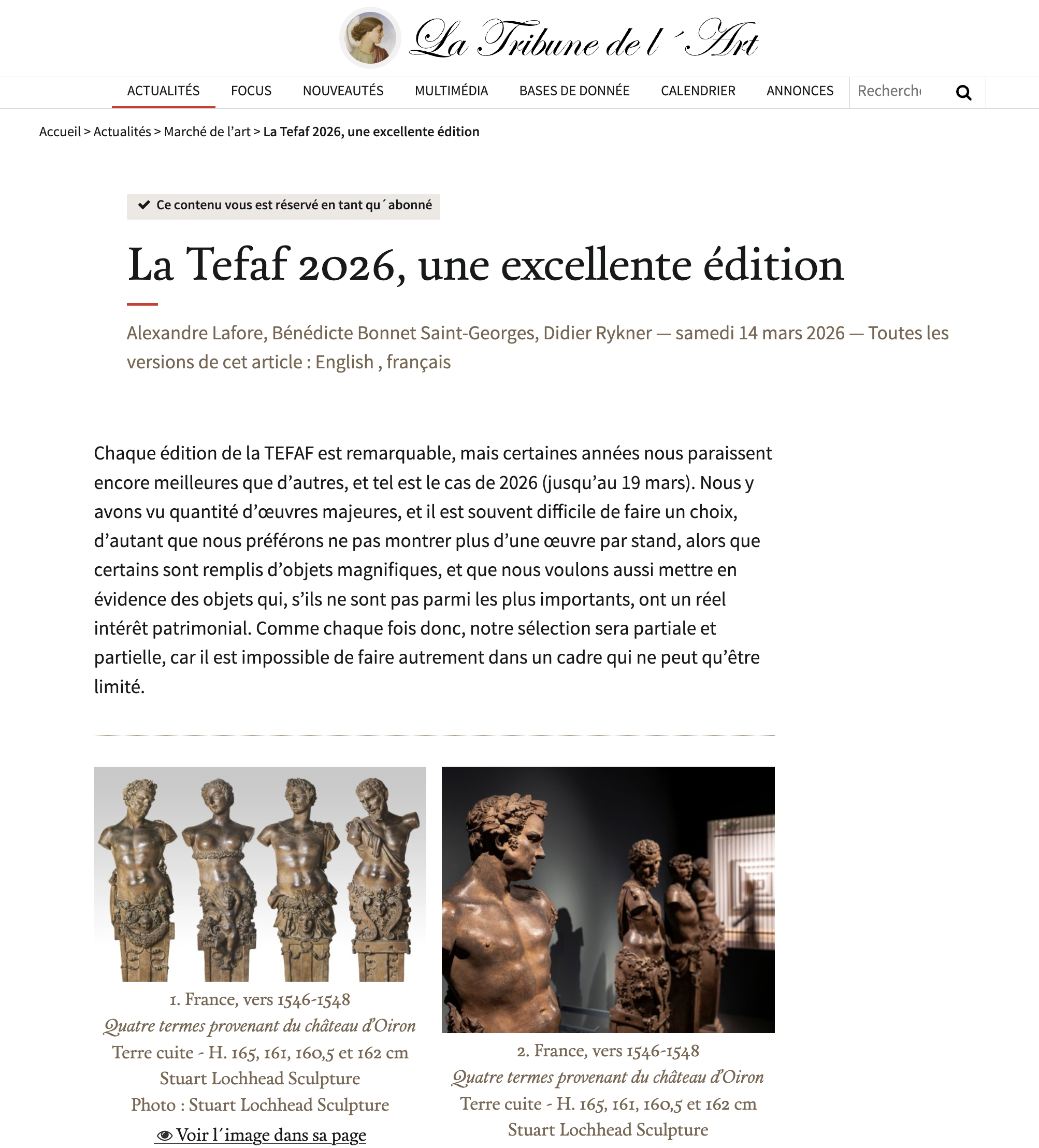 "La Tefaf 2026, une excellente édition" in La Tribune de l'Art